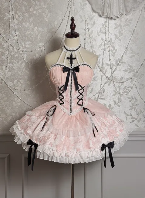 Vintage Ball Gown Halter Pink Tulle Lace 22nd Birthday Dress Lolita Dress Cute Lolita Outfits HZ1121