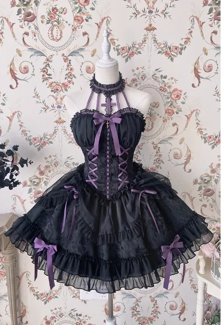 Vintage Ball Gown Halter Black/Purple Tulle Lace 22nd Birthday Dress Lolita Dress Cute Lolita Outfits HZ1121