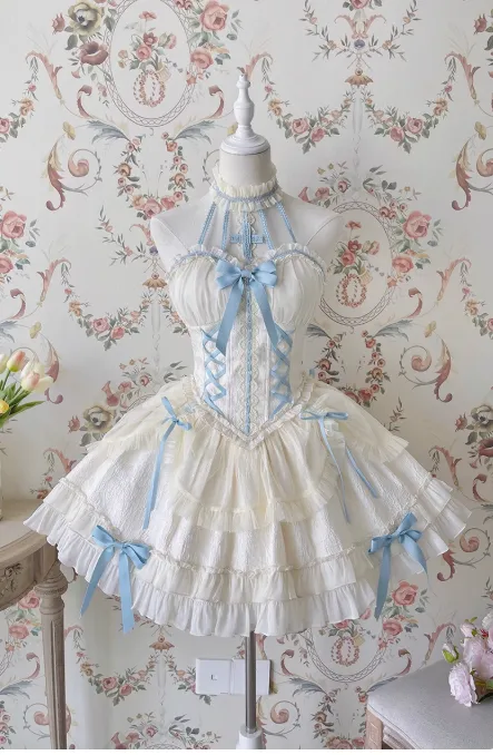 Vintage Ball Gown Halter White/Blue Tulle Lace 22nd Birthday Dress Lolita Dress Cute Lolita Outfits HZ1121