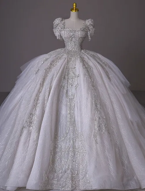 Princess Bridal Dress Ball Gown Square Neck Tulle White Beads Long Wedding Dress Modest Short Sleeve Bridal Gowns HZ1121