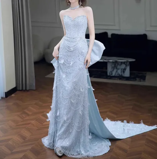 Modest Mermaid Sweetheart Neck Long Evening Gowns Ice Blue Satin Beaded Special Formal Dresses Prom Dresses HZ1121