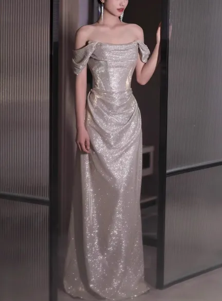 Modest Sheath Off-the-shoulder Long Evening Gowns Silver Glitter Special Formal Dresses Prom Dresses HZ1121