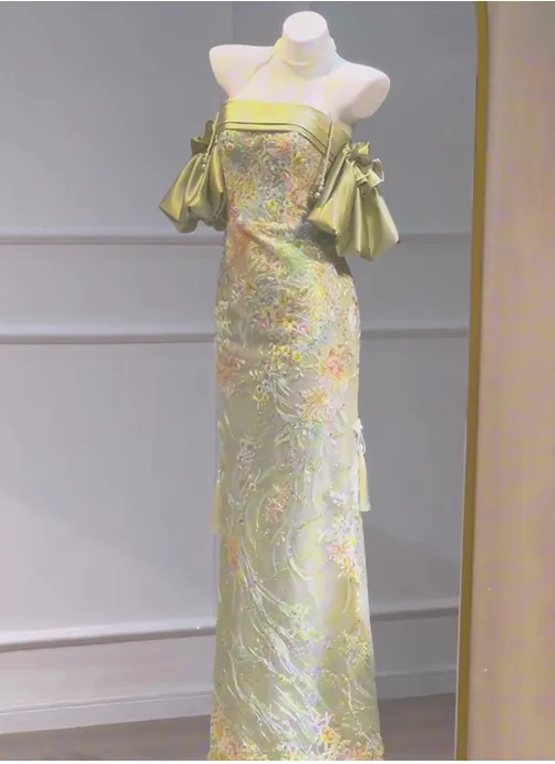 Elegant Sheath Off-the-shoulder Long Evening Gowns Satin Embroidered Applique Beading Special Formal Dresses Prom Dresses HZ1121