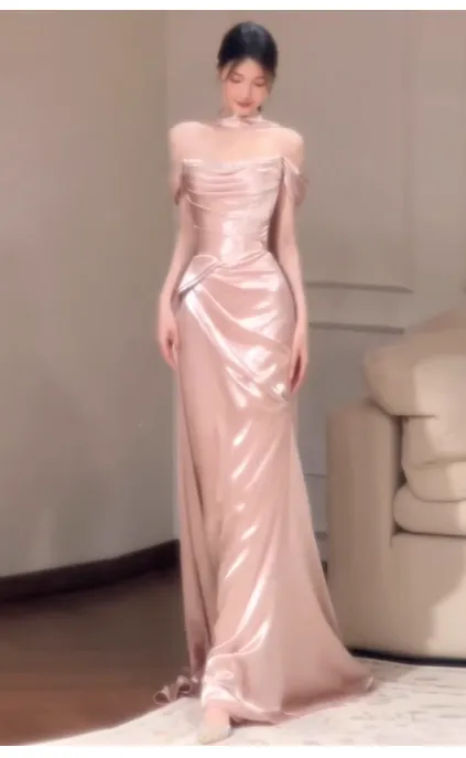 Elegant Sheath Off-the-shoulder Long Evening Gowns Satin Pink Special Formal Dresses Prom Dresses HZ1121