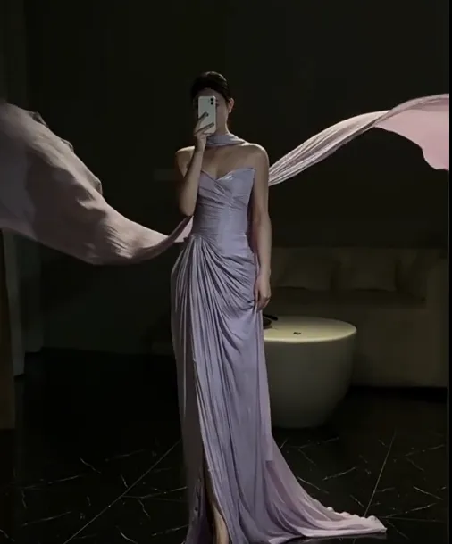 Elegant Sheath Sweetheart Neck Long Evening Gowns Purple Chiffon Special Formal Dresses Pleated Slits Prom Dresses HZ1121