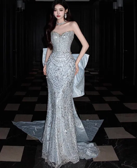 Modest Sheath Sweetheart Neck Evening Gown Tulle Sequins Formal Dress Stunning Long Prom Dresses HZ1121