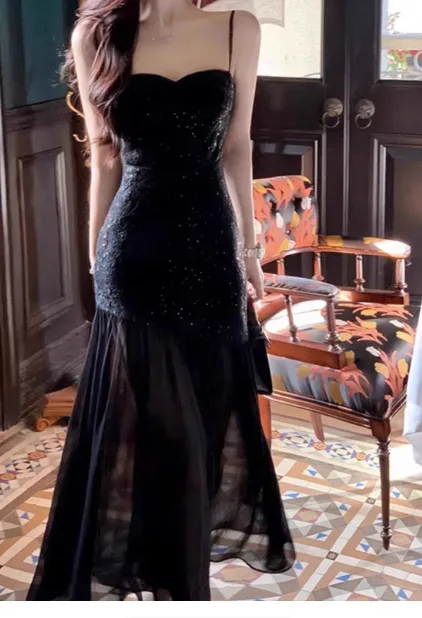 Stunning Mermaid Spaghetti Strap Long Evening Gown Black Chiffon Formal Dress Elegant Birthday Prom Dress HZ1121