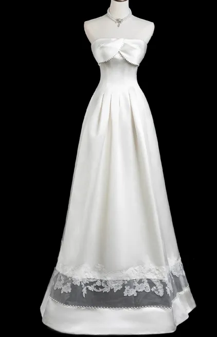 Modest A-Line Strapless Bridal Dress White Satin Long Wedding Dress Elegant Lace Applique Bridal Gowns HZ1121