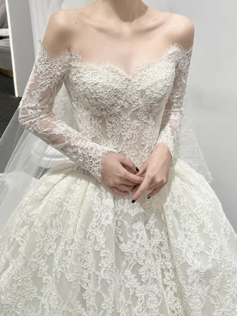 Modest Ball Gown Off-the-shoulder Bridal Dress White Tulle Lace Long Wedding Dress Elegant Applique Bridal Gowns HZ1121
