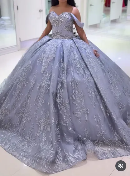 Gorgeous Silver Off-the-shoulder Tulle Long Ball Gown Applique Sweet 16th Birthday Dress Cute Quinceanera Dress HZ1121