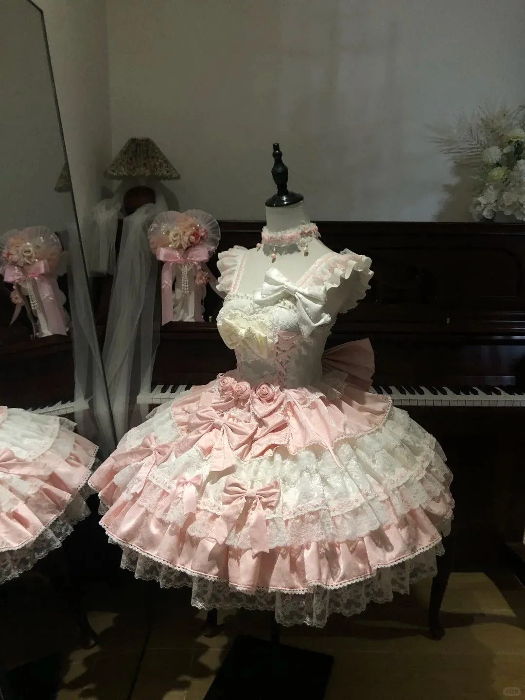 Sweet Pink Ball Gown Square Neck Bow Lace 22nd Birthday Dresses Lolita Dress Cute Lolita Outfits HZ1121