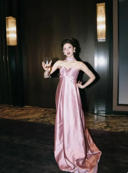 Modest Pink Empire Dress Satin Strapless Long Evening Dress Elegant Formal Dress Wedding Guest Dress HZ1121