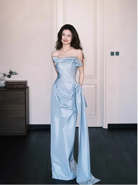 Elegant Blue Sheath Formal Evening Dress Satin Strap Birthday Dress Stunning Graduation Dress HZ1121