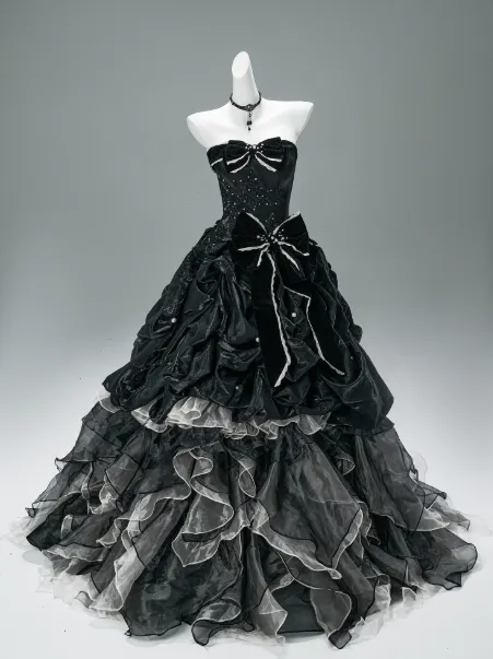 Stunning Sweetheart Neck Ball Gown Tiered Tulle Taffeta Long Quinceanera Dress Black Appliqu??| Formal Gowns Vestido De 15 Anos Sweet 16 Dress HZ1121