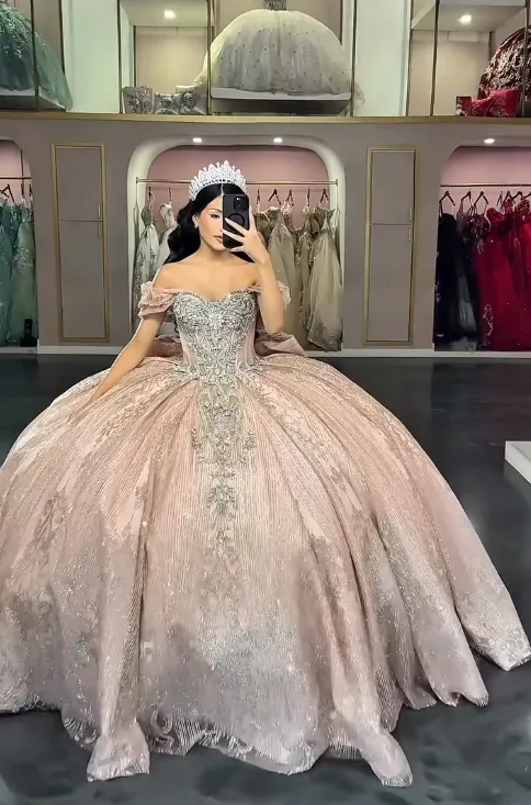 Fairy Off-the-shoulder Long Ball Gown Elegant Pink Quinceanera Dress Beaded Tulle Sweet 16 Dress HZ1121