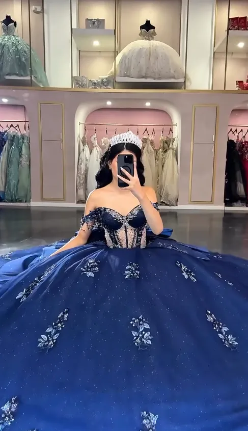 Fairy Off-the-shoulder Long Ball Gown Elegant Navy Blue Quinceanera Dress Beaded Tulle Sweet 16 Dress HZ1121