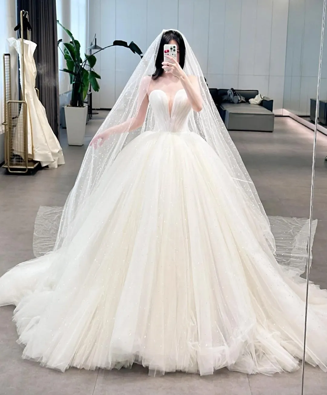 Modest Sweetheart Neck Ball Gown Sleeveless Bridal Gown Glam Tulle Wedding Dress with Veil HZ1121