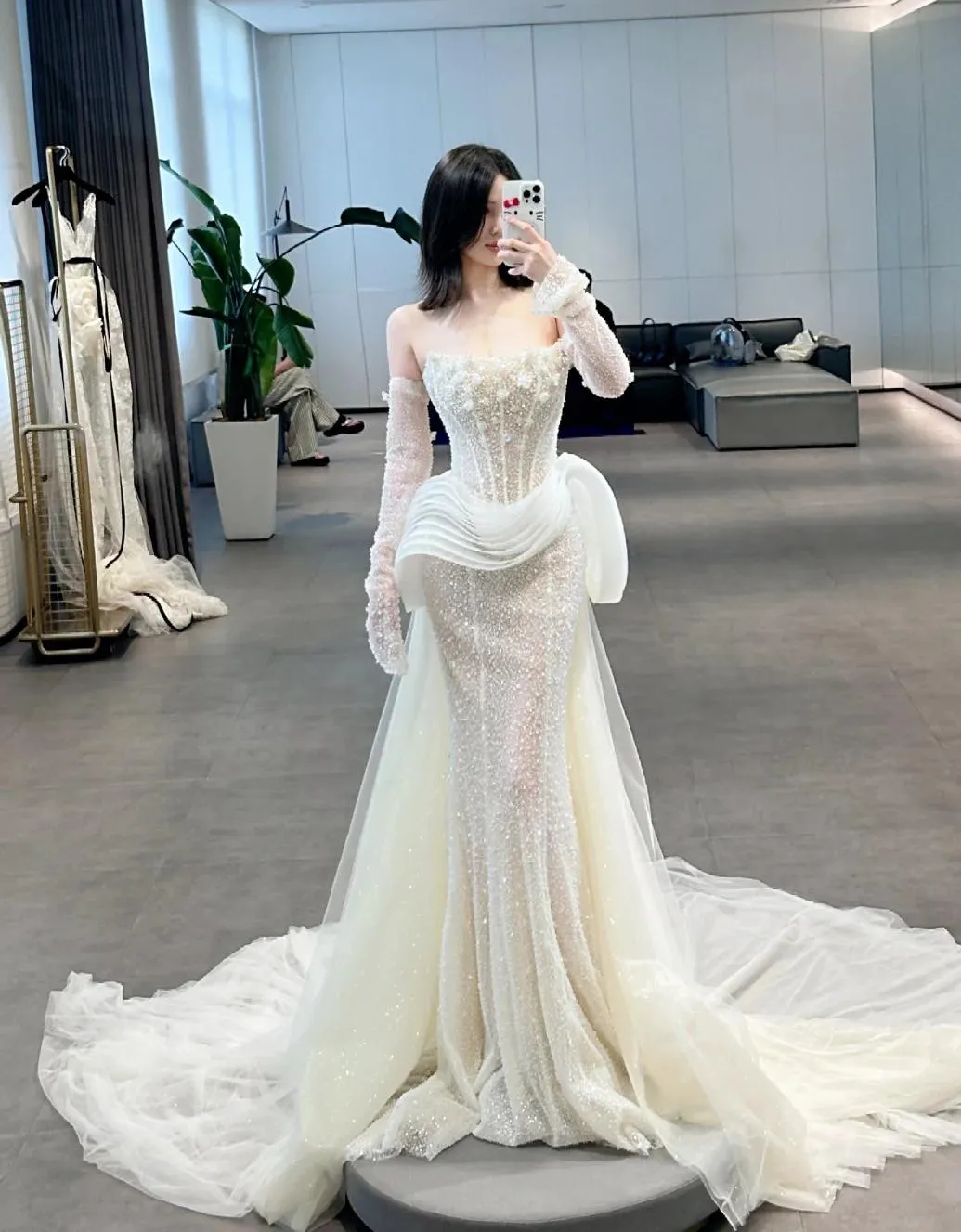 Modest Strapless Sheath Bridal Gown Glam Tulle Beaded Train Wedding Dress HZ1121
