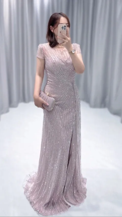 Elegant Dusty Pink Jewel Sheath Mother of the Bride Dress Tulle Beaded Evening Gown HZ1121