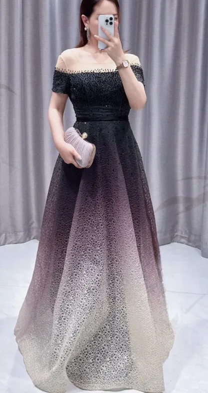 Elegant Black A-Line Off-the-shoulder Mother of the Bride Dress Tulle Long Evening Gown HZ1121