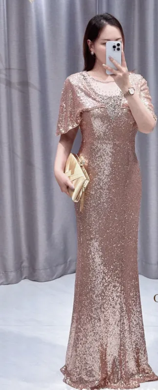 Elegant Rose Gold Mermaid Jewel Mother of the Bride Dress Sequins Long Evening Gown with Shawl HZ1121