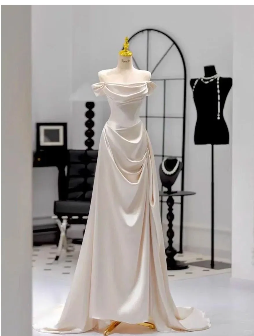 Elegant Sheath Long Prom Dress Off-the-shoulder Satin Formal Evening Dress HZ1121