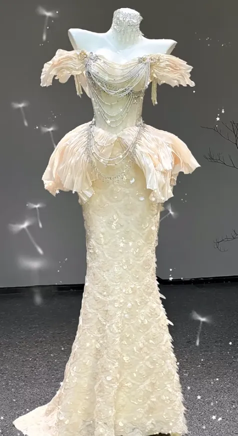 Elegant Mermaid Long Evening Dress Off-the-shoulder Beaded Tulle Wedding Guest Dress HZ1121