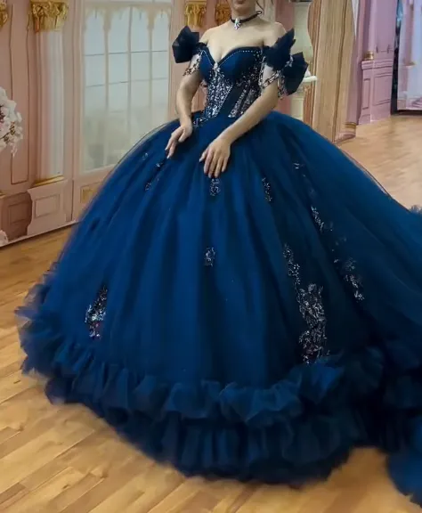 Fairy Navy Blue Off-the-Shoulder Ball Gown Tiered Gauze Appliqu??| Long Quinceanera Dress Saprkly Formal Gowns Sweet 16 Dress HZ1121
