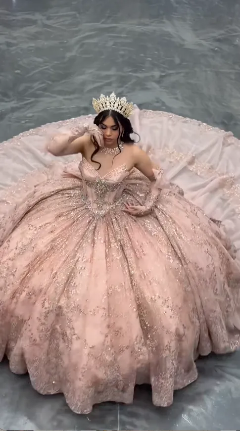 Fairy Sweetheart Pink Ball Gown Tiered Tulle Applique Long Quinceanera Dress Sparkly Sequins Formal Gowns Sweet 16 Dress HZ1121