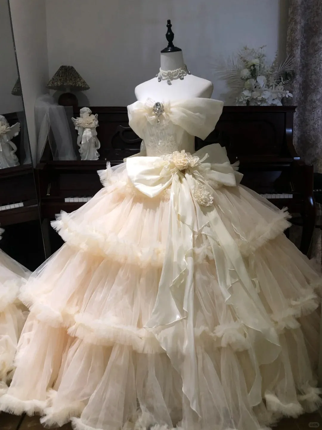 Fairy Off-the-shoulder Apricot Ball Gown Tiered Tulle Long Quinceanera Dress Formal Gowns Sweet 16 Dress HZ1121