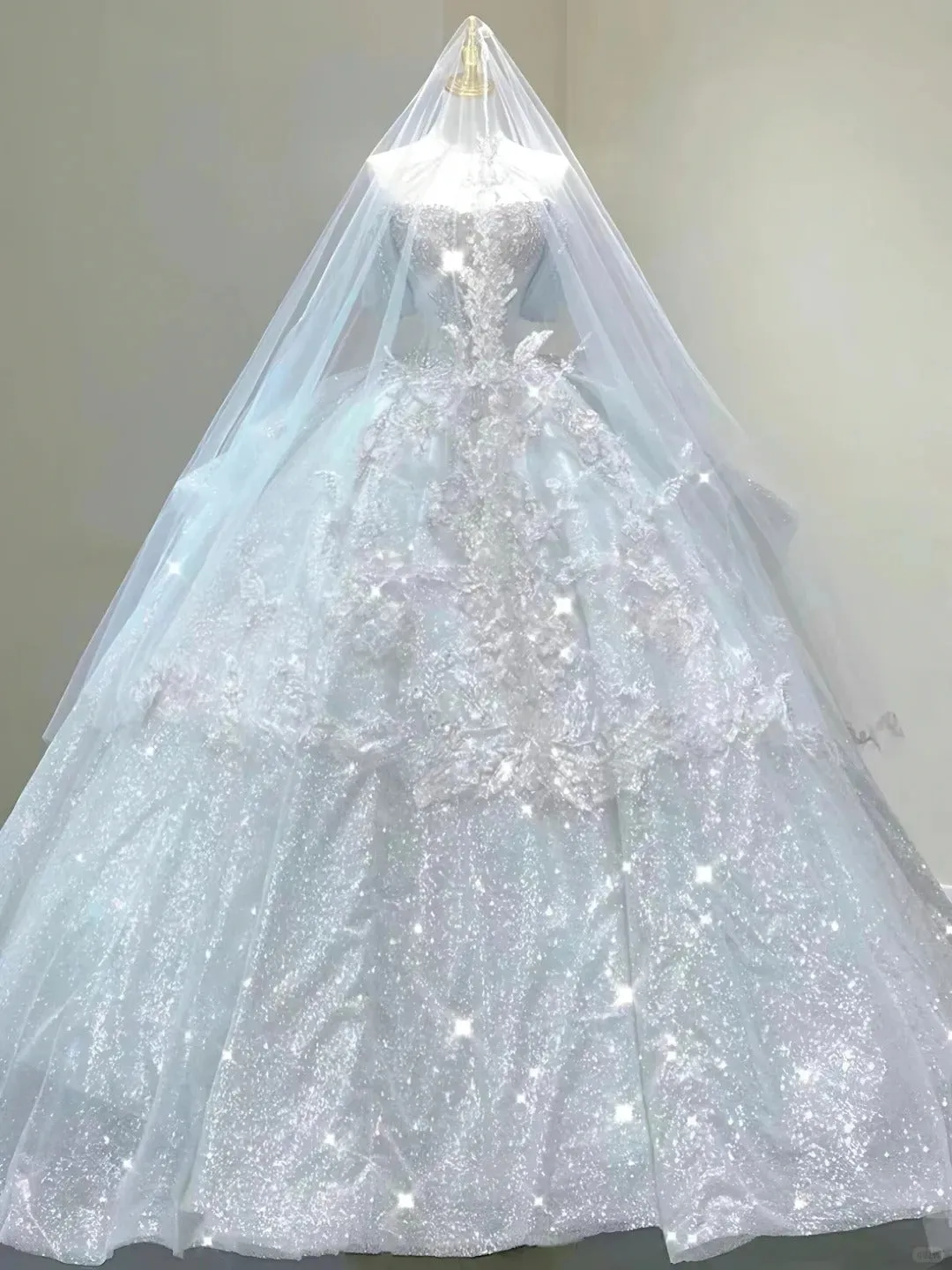 Timeless Off-the-Shoulder Ball Gown Sparkly Tulle Wedding Dress Bridal Gown with Veil HZ1121