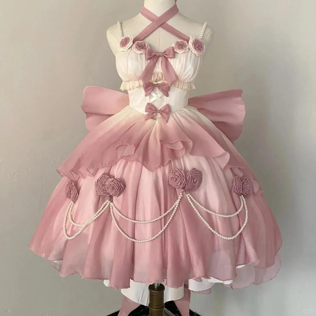 Vintage Ball Gown Pink Tulle Applique Spaghetti Straps Short Lolita Outfits 18th Birthday Dress Mini Cute Lolita Dress HZ1121