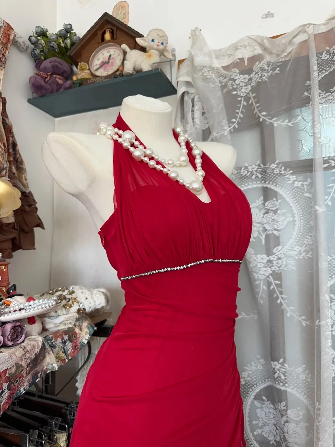 Vintage V-neck Sheath Chiffon Long Red Evening Dress Sweet Birthday Party Dress HZ1121 - Image 3