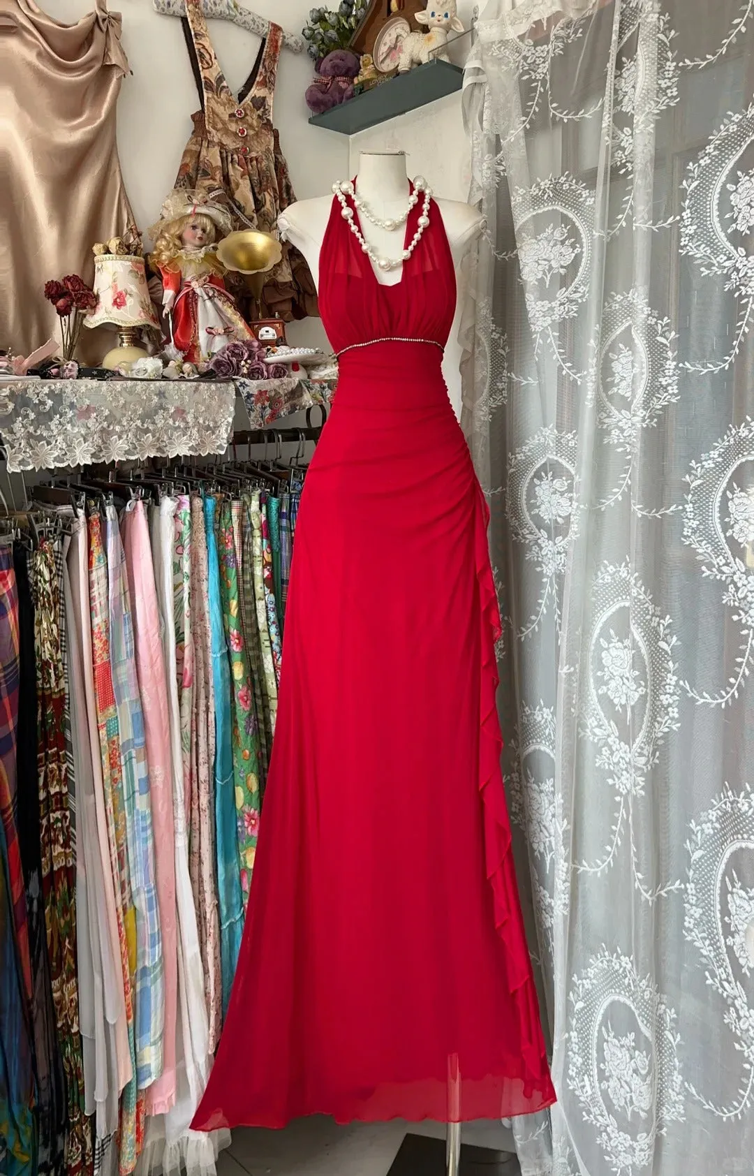 Vintage V-neck Sheath Chiffon Long Red Evening Dress Sweet Birthday Party Dress HZ1121