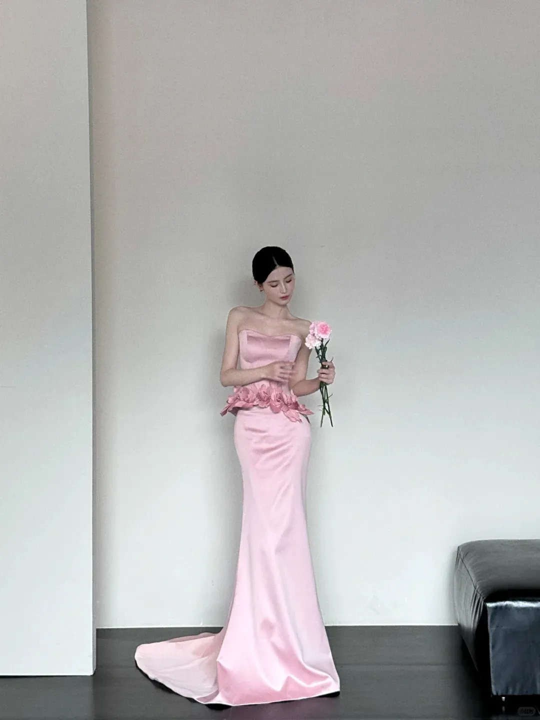 Elegant Strapless Mermaid Satin Long Pink Evening Dress Sweet Birthday Party Dress HZ1121
