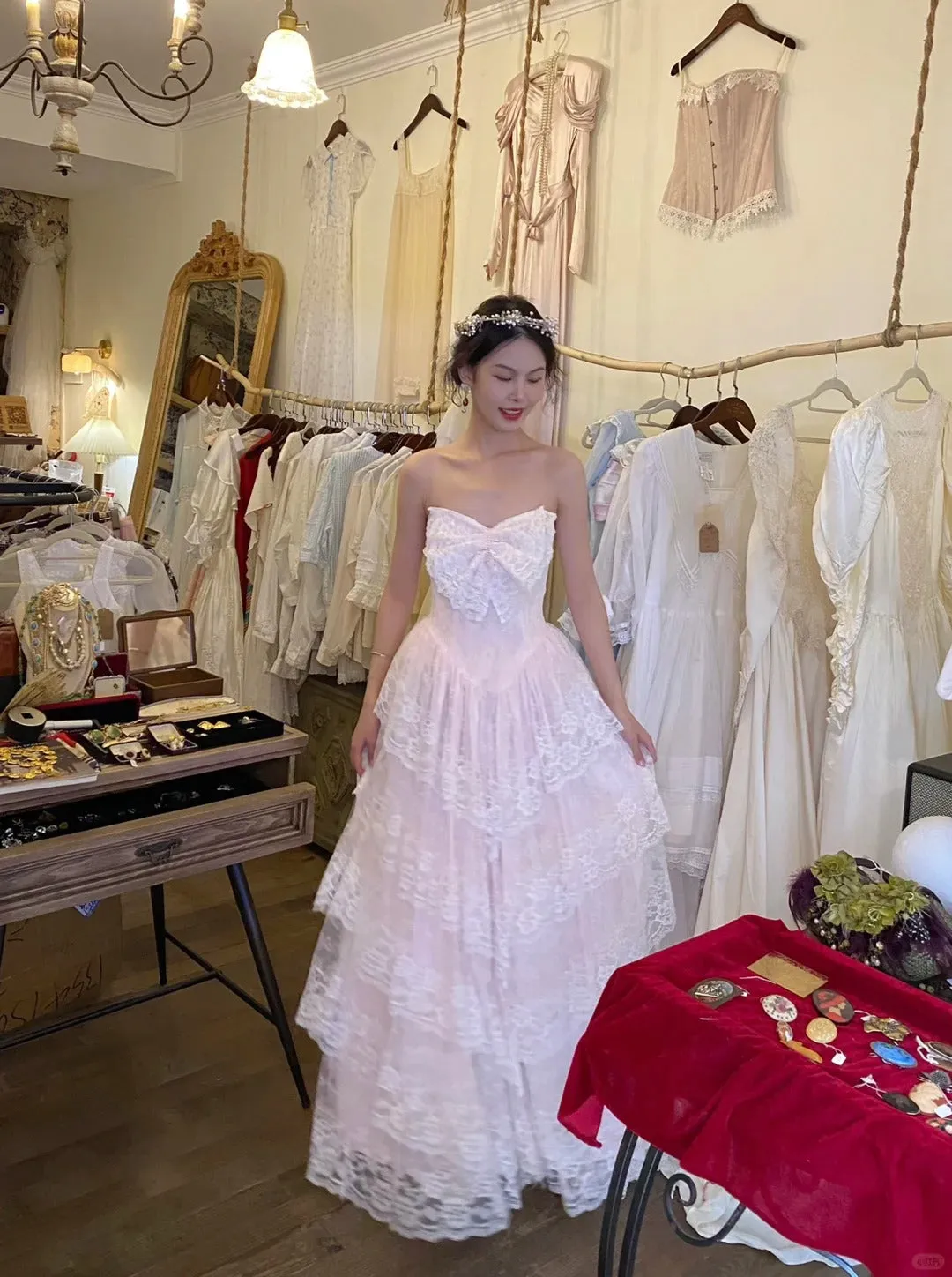 Vintage Strapless A-line Lace Long Formal Evening Dress Sweet 16 Dress HZ1121