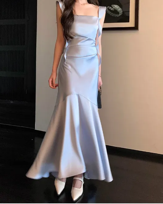 Elegant Spaghetti Strap Mermaid Satin Long Formal Evening Dress Cute Graduation Dress HZ1121