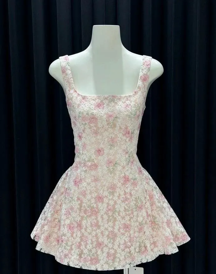 Sweet Pink A-Line Square Neck Short Homecoming Dress Floral Birthday Dress Formal Dress HZ1121