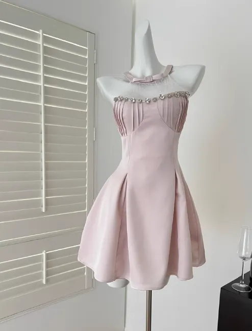 Sweet Pink A-Line Jewel Short Homecoming Dress Satin Birthday Dress Formal Dress HZ1121