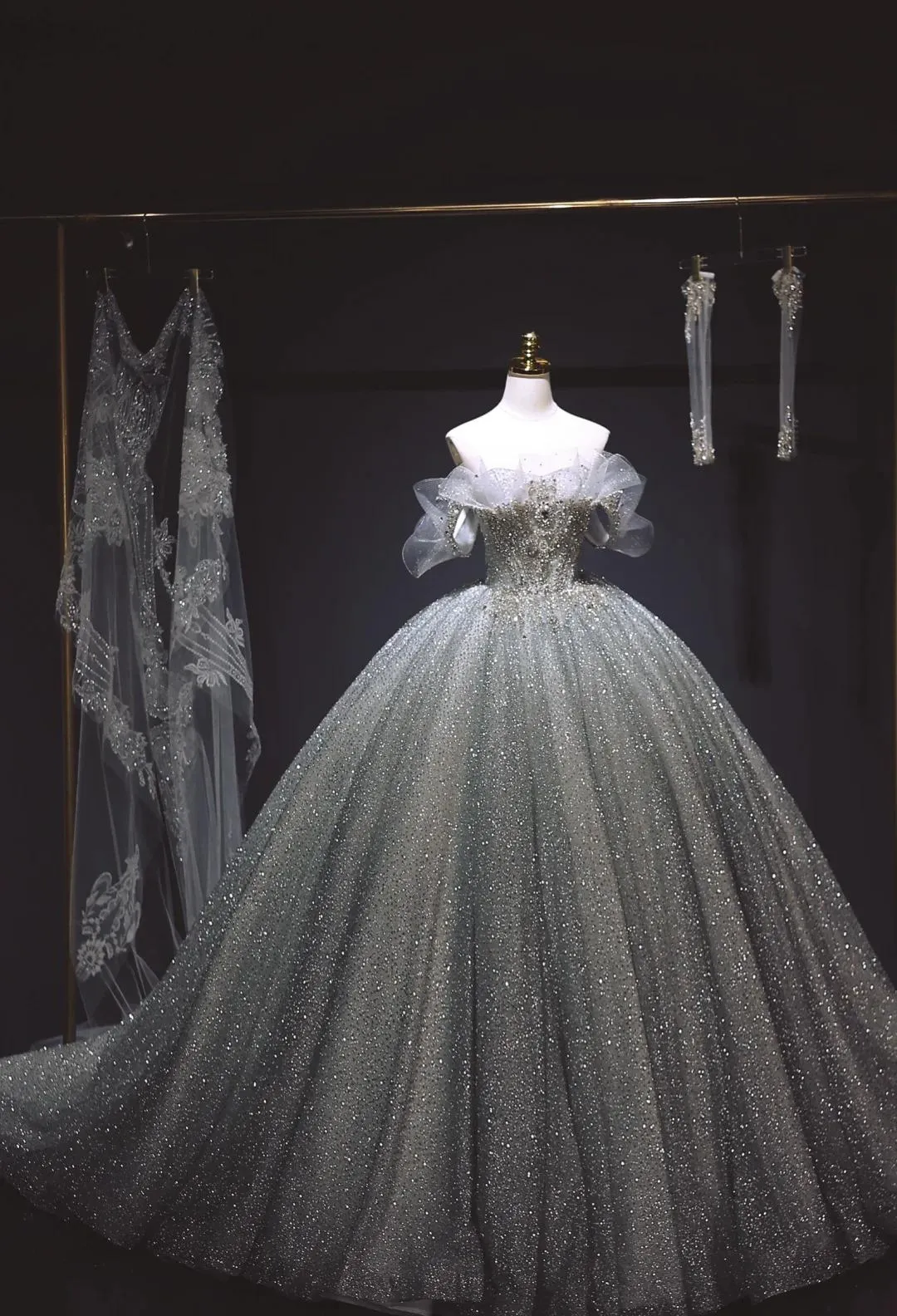 Elegant Off-Shoulder Ball Gown Tulle Wedding Dress Timeless Sparkly Sequins Applique Bridal Gown HZ1121