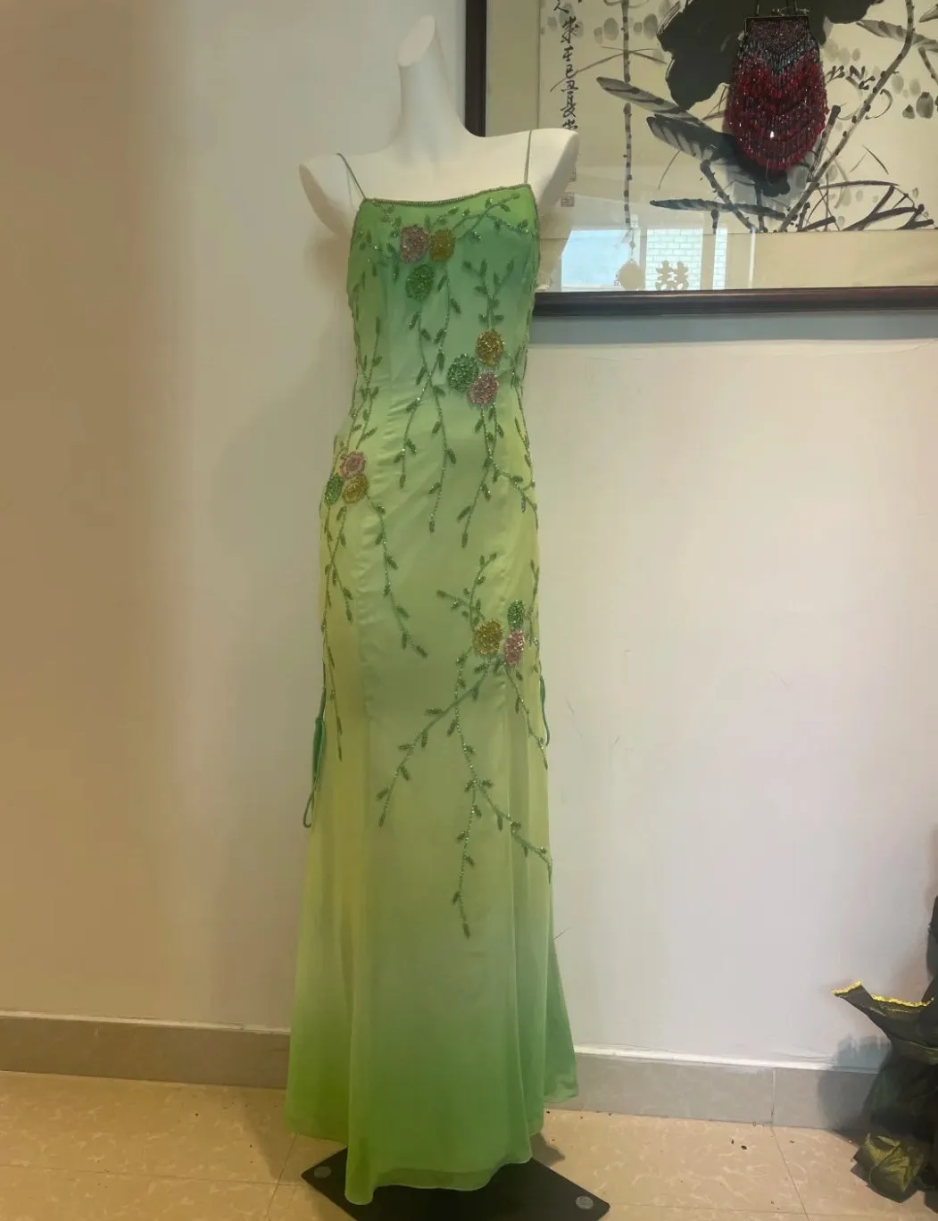 Elegant Spaghetti Strap Sheath Prom Dress Vintage Chiffon Beaded Green Formal Evening Dress HZ1121