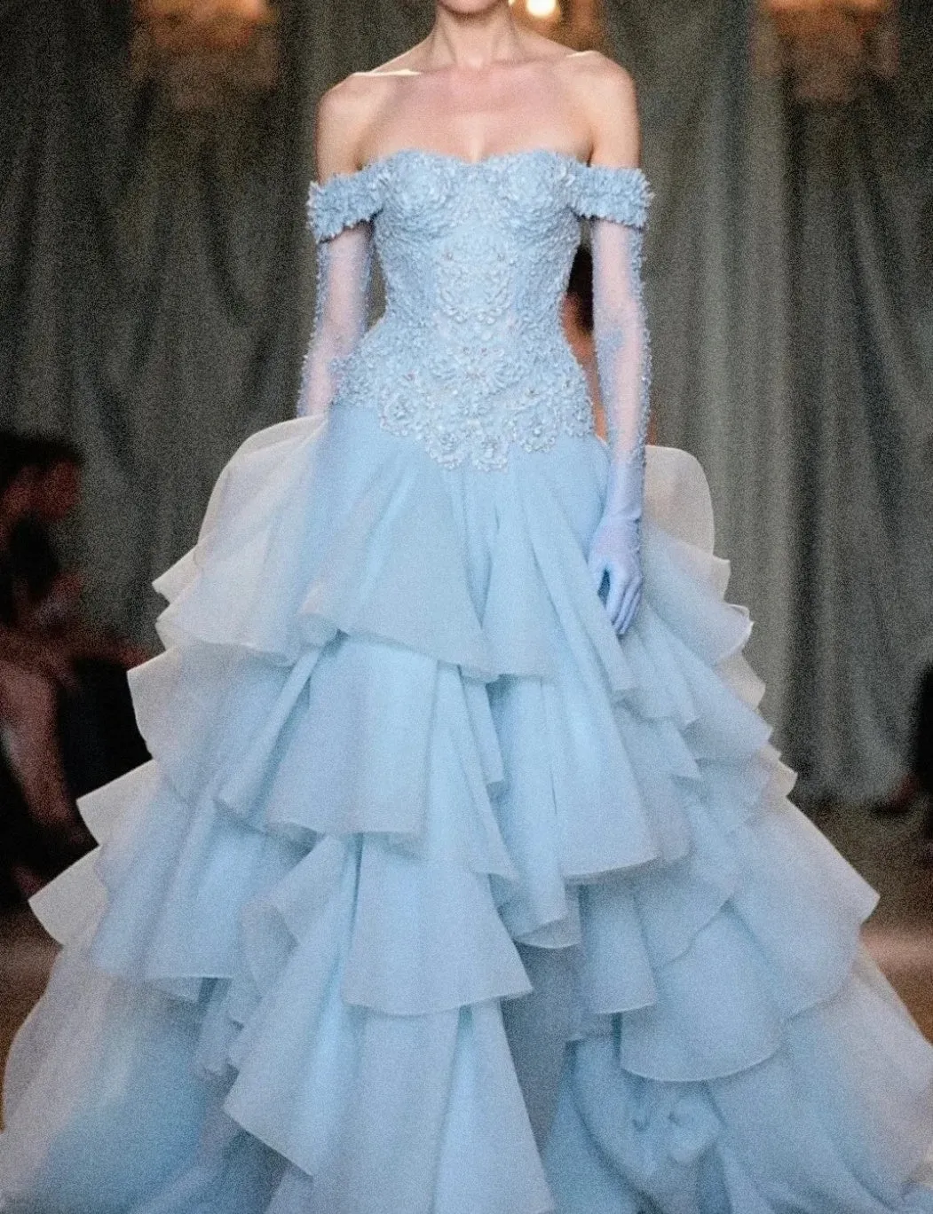 Elegant Off-the-Shoulder Tulle Ball Gown Quincea?a Dress, Blue Applique Long Prom Dresses HZ1121