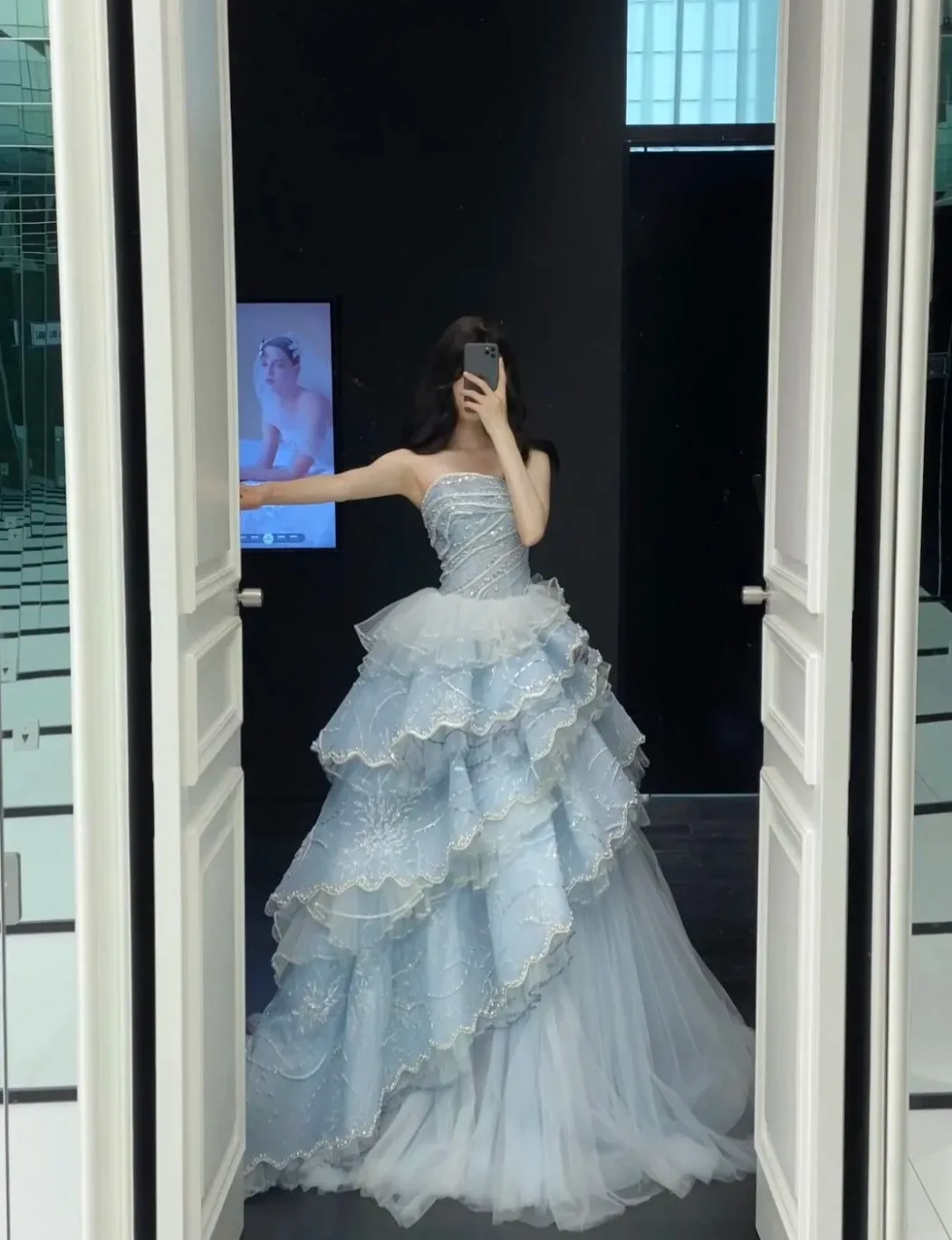 Fairy Strapless Ball Gown Tulle Blue Quinceanera Dress Tulle Sequins Sweet 16 Dress HZ1121