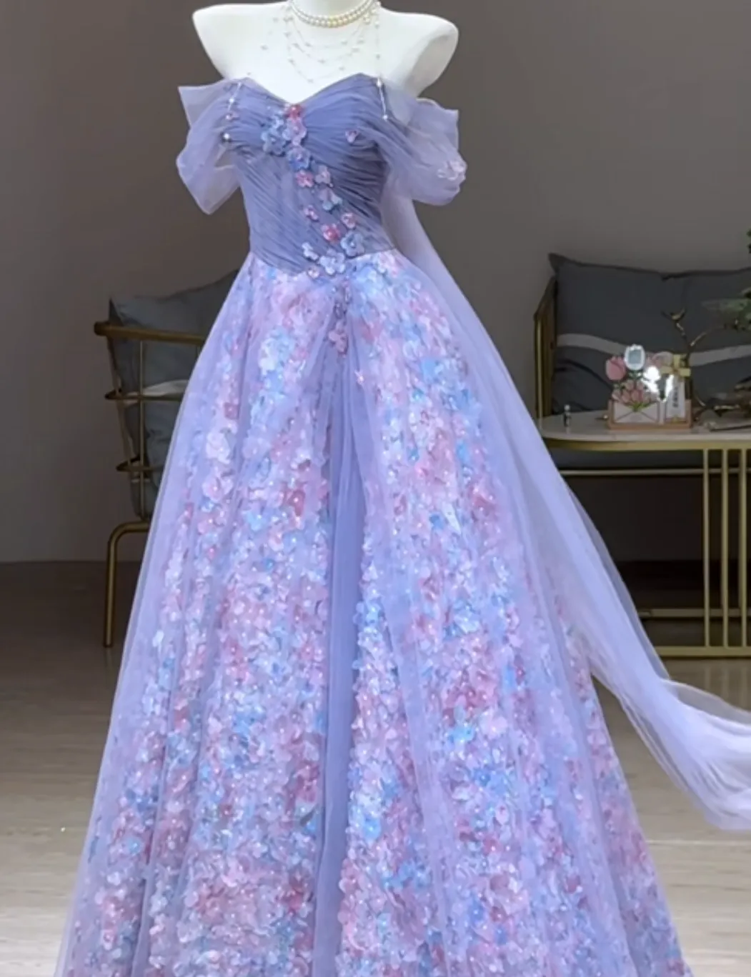 Fairy Purple Ball Gown Off-the-shoulder Tulle Long Prom Dress Applique Sweet 16 Dress HZ1121