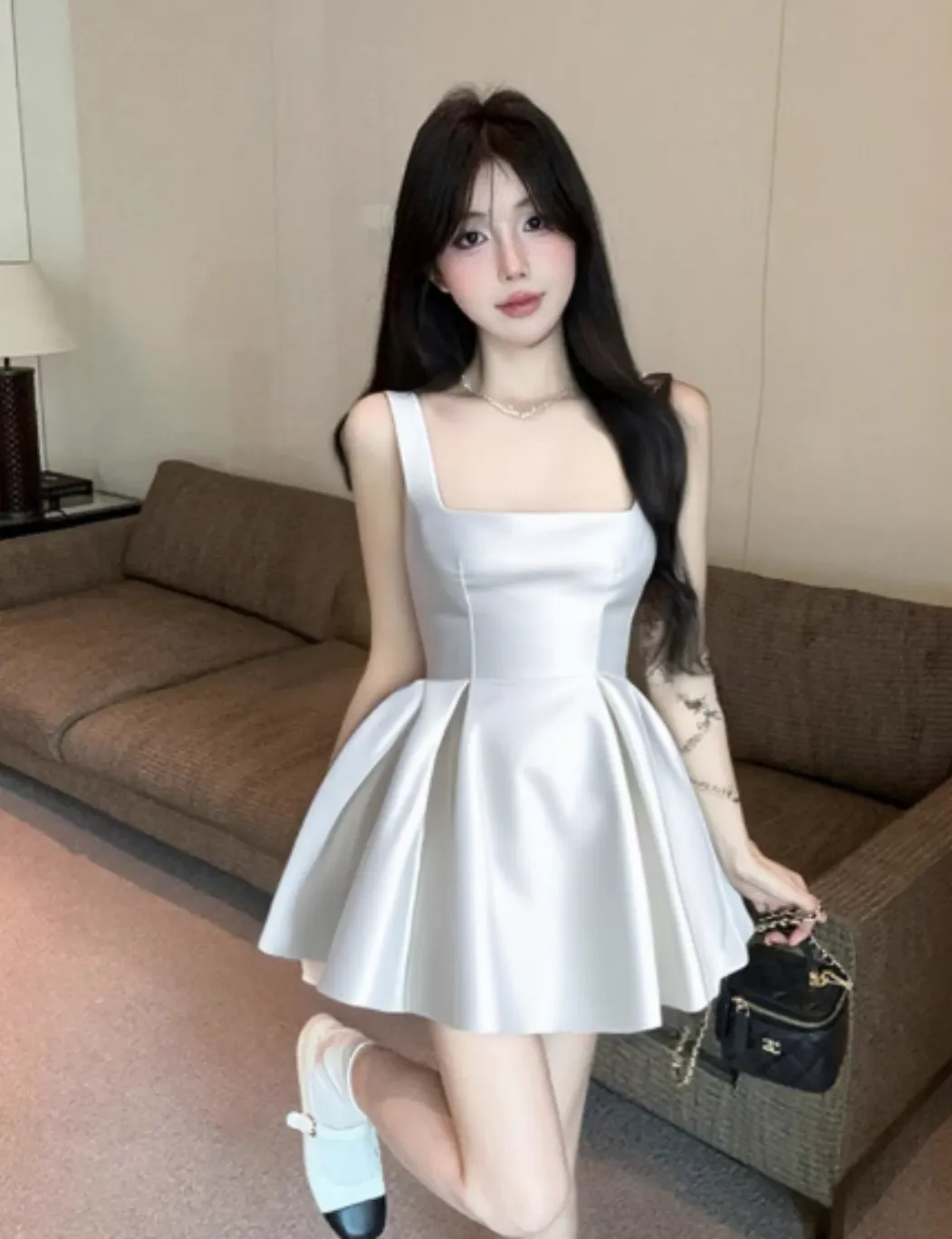 Fashion Square Neck A-Line Short Party Dress Satin White Homecoming Dress HZ1121