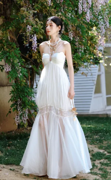 Elegant White Halter Neck A-Line Tulle Long Prom Dress Formal Evening Dress HZ1121