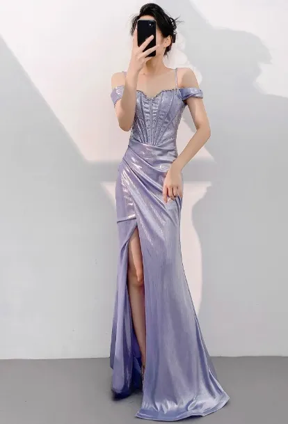 Elegant Off-the-Shoulder Mermaid Evening Gowns Satin Purple Formal Dress HZ1121
