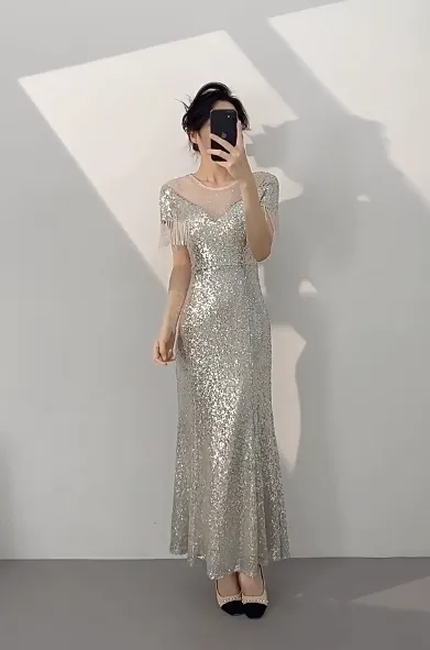 Elegant Silver Jewel Sheath Mother of the Bride Dress Sequined Formal Evening Gown HZ1121