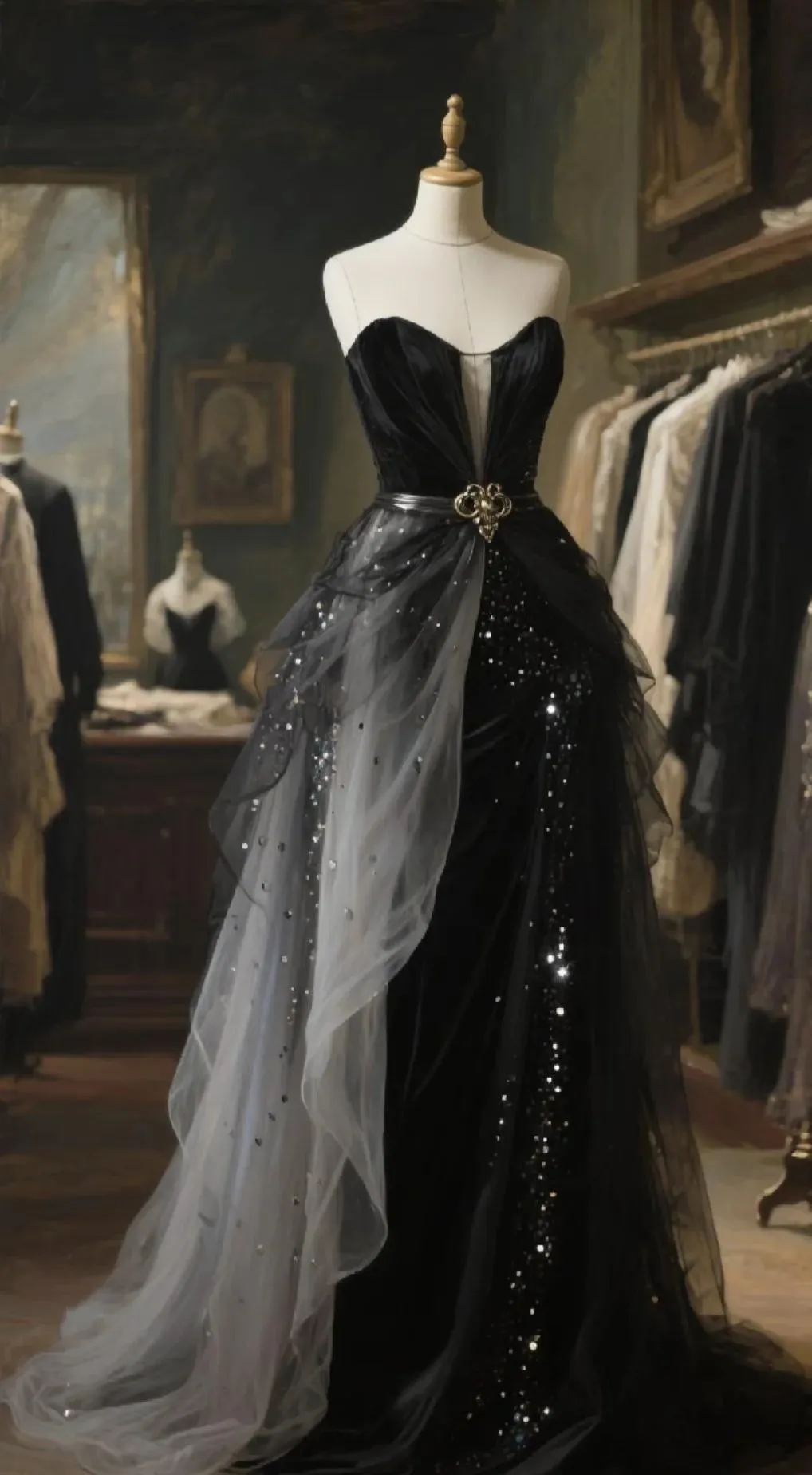 Elegant Black Strapless Mermaid Long Prom Dress, Tulle Sequin Formal Evening Dress HZ1121