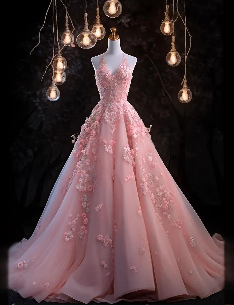 Cute Pink Halter Neck A-Line Long Prom DressTulle Applique Formal Evening Dress HZ1121